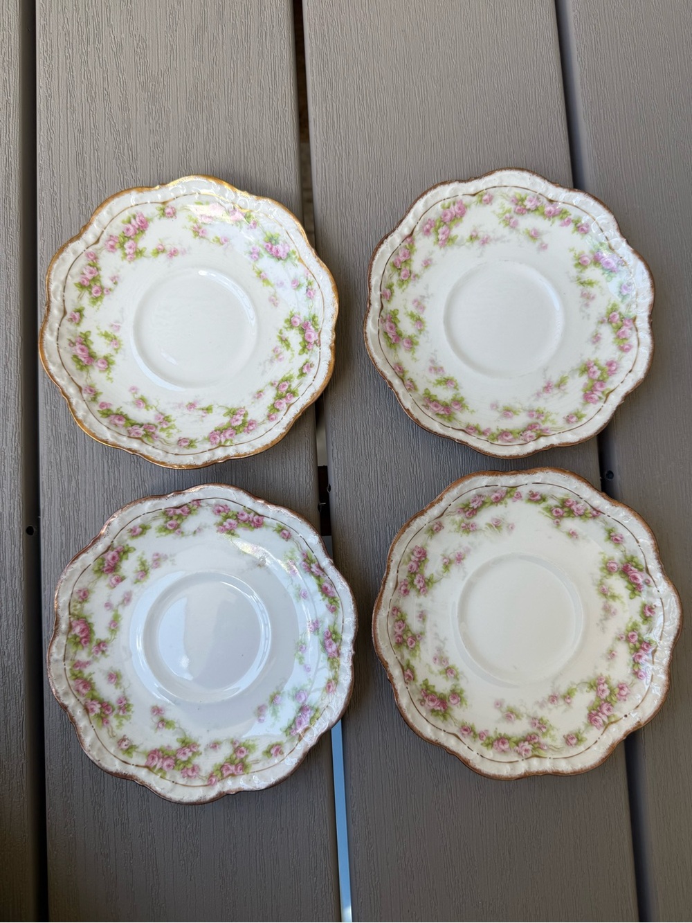 Antique A. Lanternier Limoges France Pink Rose Saucers Set of 4 Gold Trim